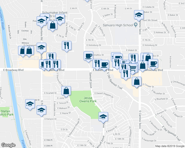 map of restaurants, bars, coffee shops, grocery stores, and more near 8302 East Broadway Boulevard in Tucson