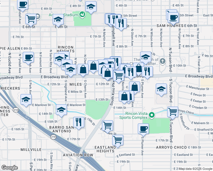 map of restaurants, bars, coffee shops, grocery stores, and more near 1821 East Miles Street in Tucson