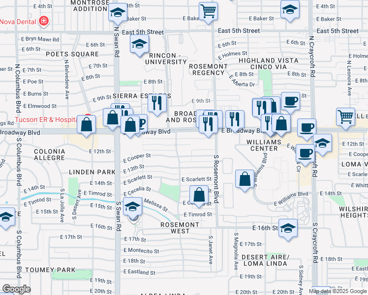 map of restaurants, bars, coffee shops, grocery stores, and more near 4933 East Cooper Street in Tucson
