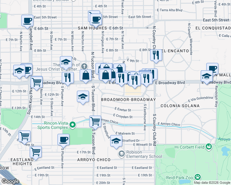 map of restaurants, bars, coffee shops, grocery stores, and more near 2702 East Manchester Street in Tucson