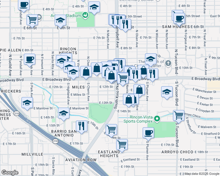 map of restaurants, bars, coffee shops, grocery stores, and more near 1821 East Miles Street in Tucson