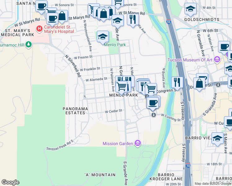 map of restaurants, bars, coffee shops, grocery stores, and more near 1027 West Congress Street in Tucson