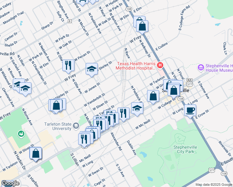 map of restaurants, bars, coffee shops, grocery stores, and more near 915 West Sloan Street in Stephenville