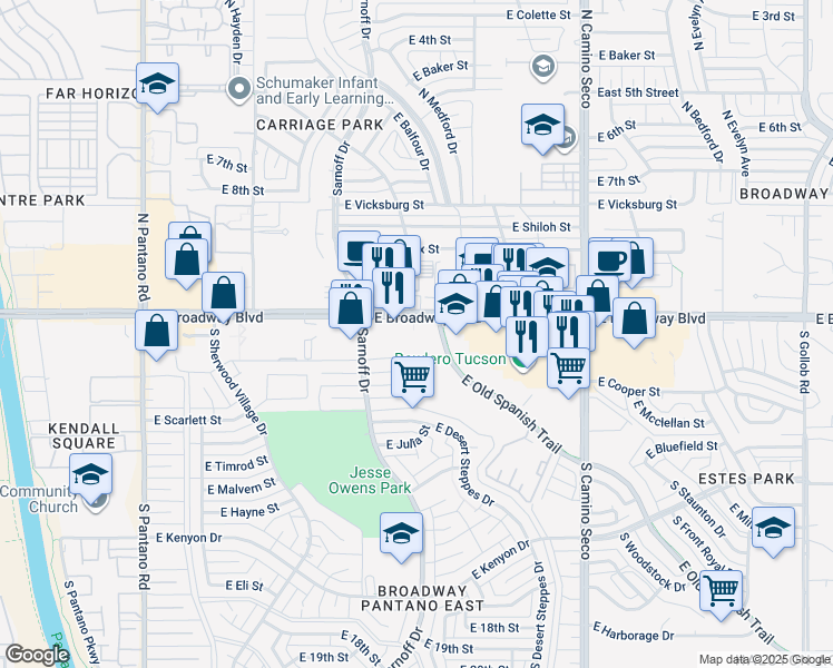 map of restaurants, bars, coffee shops, grocery stores, and more near 8302 East Broadway Boulevard in Tucson