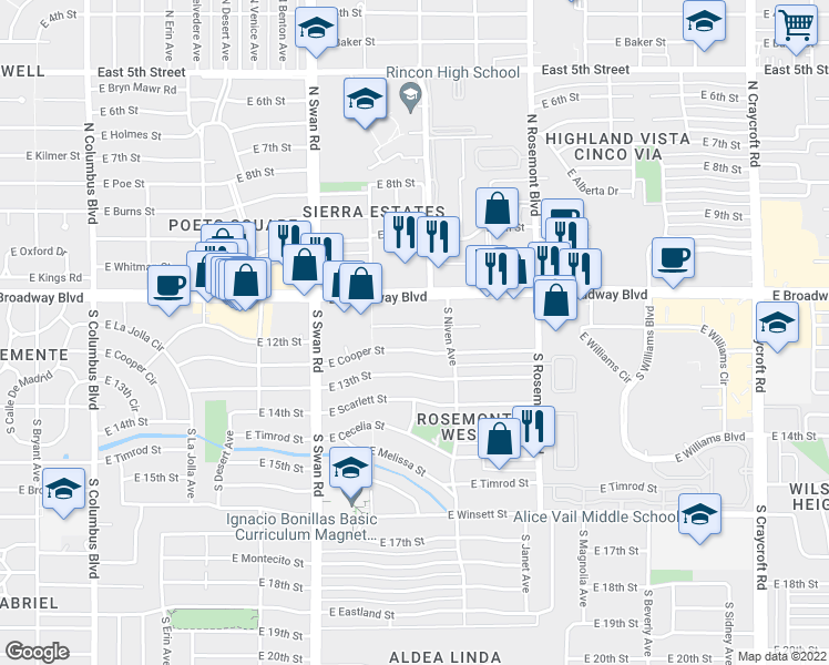 map of restaurants, bars, coffee shops, grocery stores, and more near 4850 East 12th Street in Tucson