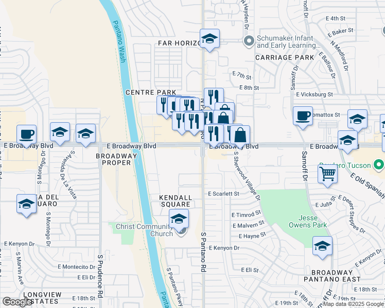 map of restaurants, bars, coffee shops, grocery stores, and more near 7840 East Broadway Boulevard in Tucson