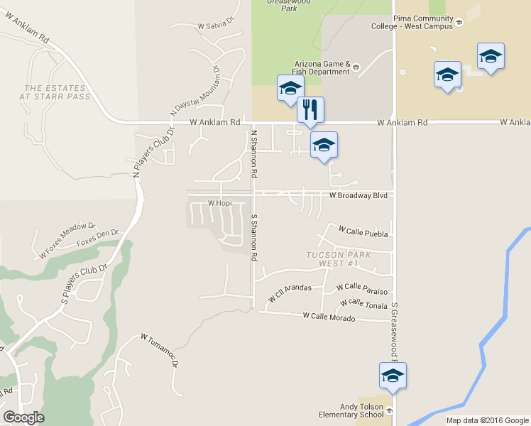map of restaurants, bars, coffee shops, grocery stores, and more near 41 South Shannon Road in Tucson