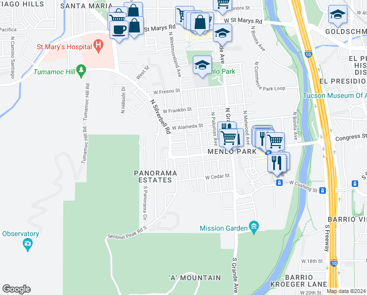 map of restaurants, bars, coffee shops, grocery stores, and more near 25 North Westmoreland Avenue in Tucson