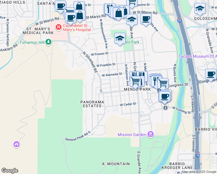 map of restaurants, bars, coffee shops, grocery stores, and more near 25 North Westmoreland Avenue in Tucson