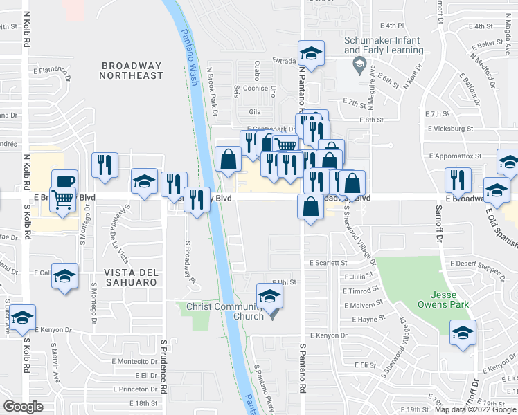 map of restaurants, bars, coffee shops, grocery stores, and more near 7750 East Broadway Boulevard in Tucson