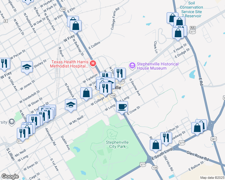 map of restaurants, bars, coffee shops, grocery stores, and more near in Stephenville