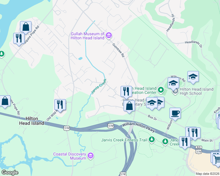 map of restaurants, bars, coffee shops, grocery stores, and more near 18 Ned Court in Hilton Head Island