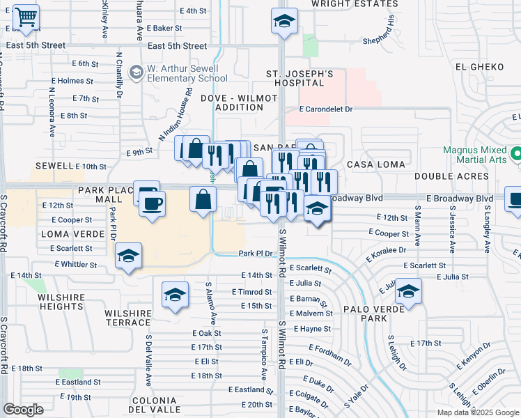 map of restaurants, bars, coffee shops, grocery stores, and more near 6270 East Broadway Boulevard in Tucson