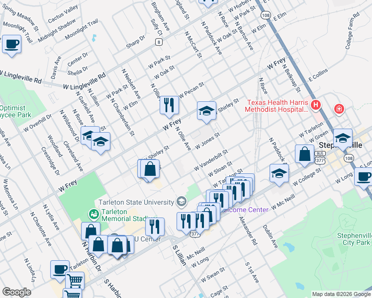 map of restaurants, bars, coffee shops, grocery stores, and more near 632 North Ollie Avenue in Stephenville