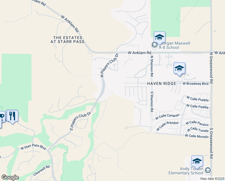 map of restaurants, bars, coffee shops, grocery stores, and more near 101 South Players Club Drive in Tucson