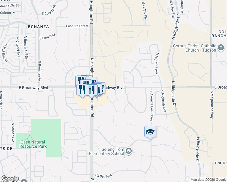 map of restaurants, bars, coffee shops, grocery stores, and more near 10478 East Saucito Canyon Place in Tucson