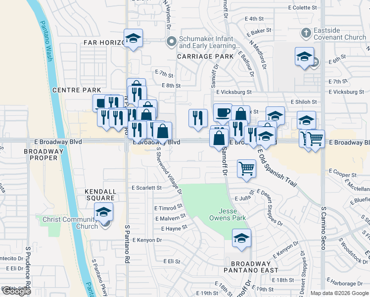 map of restaurants, bars, coffee shops, grocery stores, and more near 8160 East Broadway Boulevard in Tucson