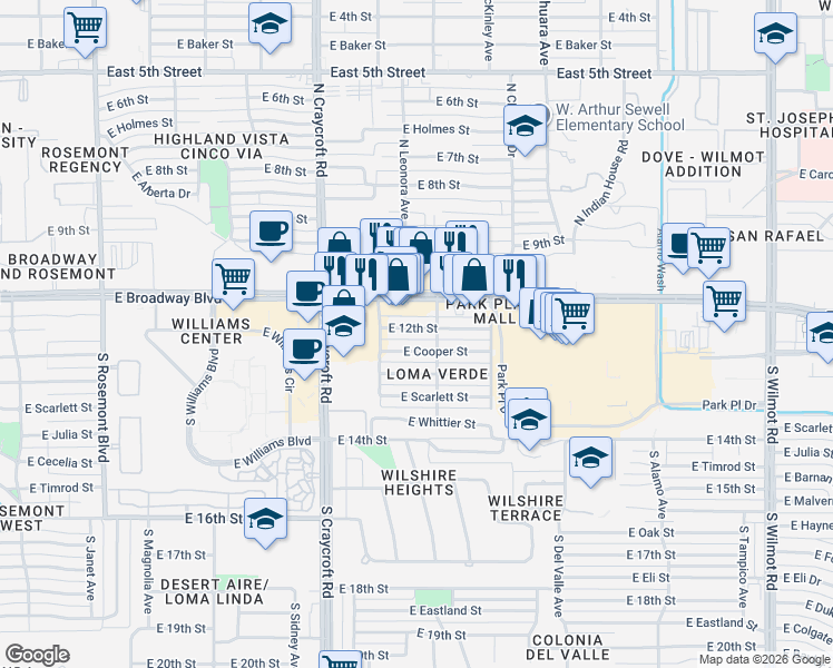 map of restaurants, bars, coffee shops, grocery stores, and more near 5671 East Cooper Street in Tucson