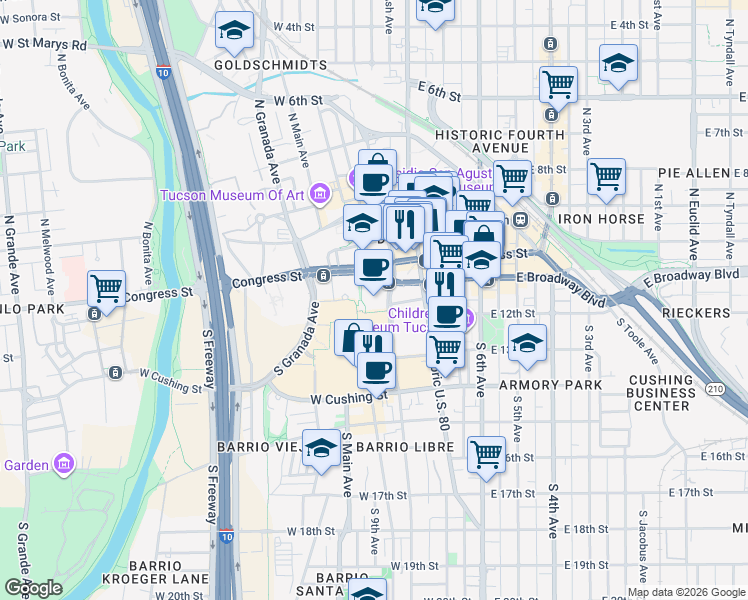 map of restaurants, bars, coffee shops, grocery stores, and more near 120 West Broadway Boulevard in Tucson