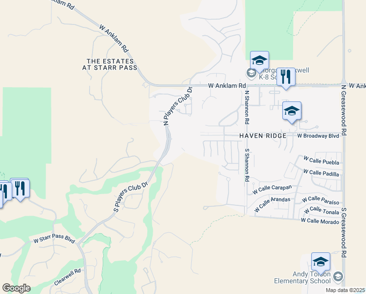 map of restaurants, bars, coffee shops, grocery stores, and more near 101 South Players Club Drive in Tucson