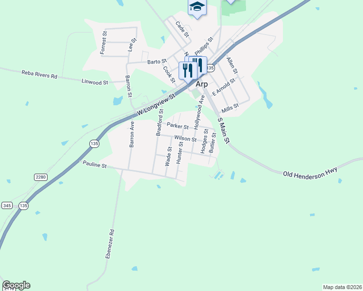 map of restaurants, bars, coffee shops, grocery stores, and more near 204 Hunter Street in Arp