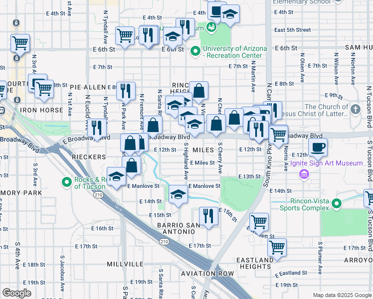 map of restaurants, bars, coffee shops, grocery stores, and more near E 12th St & S Highland Ave in Tucson