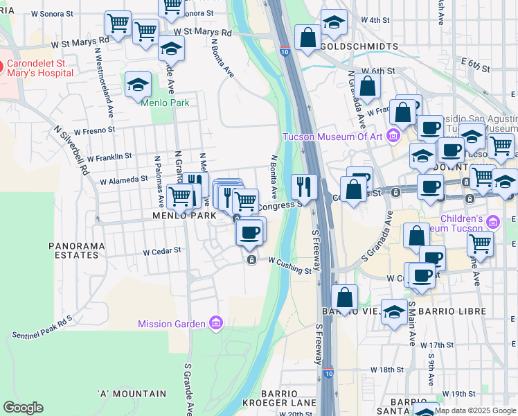 map of restaurants, bars, coffee shops, grocery stores, and more near W Congress St & N Linda Ave in Tucson