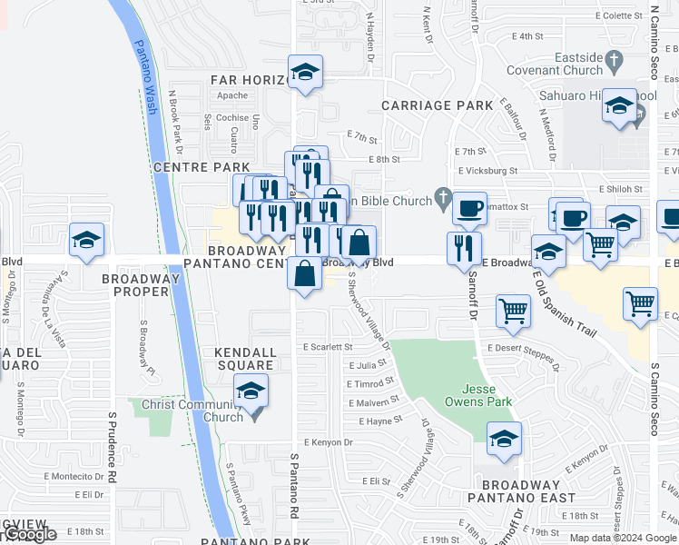 map of restaurants, bars, coffee shops, grocery stores, and more near 7970 East Broadway Boulevard in Tucson