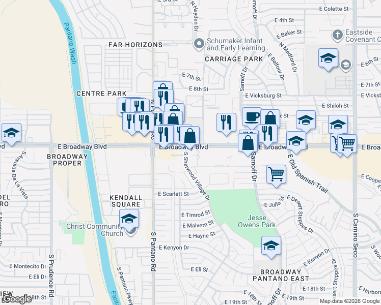 map of restaurants, bars, coffee shops, grocery stores, and more near 8002 East Broadway Boulevard in Tucson
