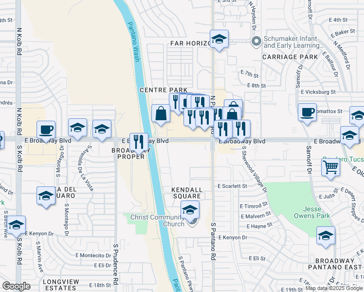 map of restaurants, bars, coffee shops, grocery stores, and more near 7750 East Broadway Boulevard in Tucson