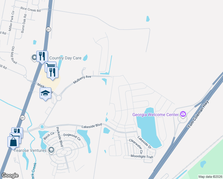 map of restaurants, bars, coffee shops, grocery stores, and more near Lakeside Boulevard in Port Wentworth