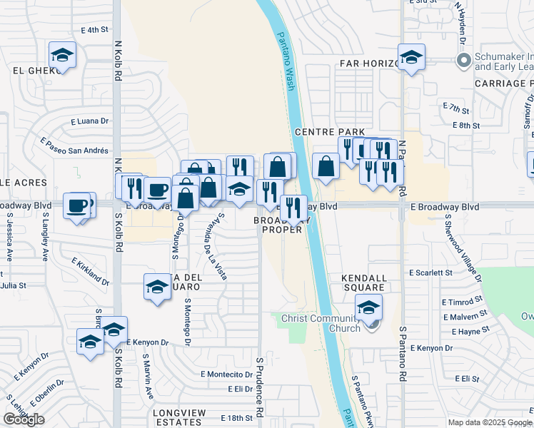 map of restaurants, bars, coffee shops, grocery stores, and more near 40 South Broadway Place in Tucson