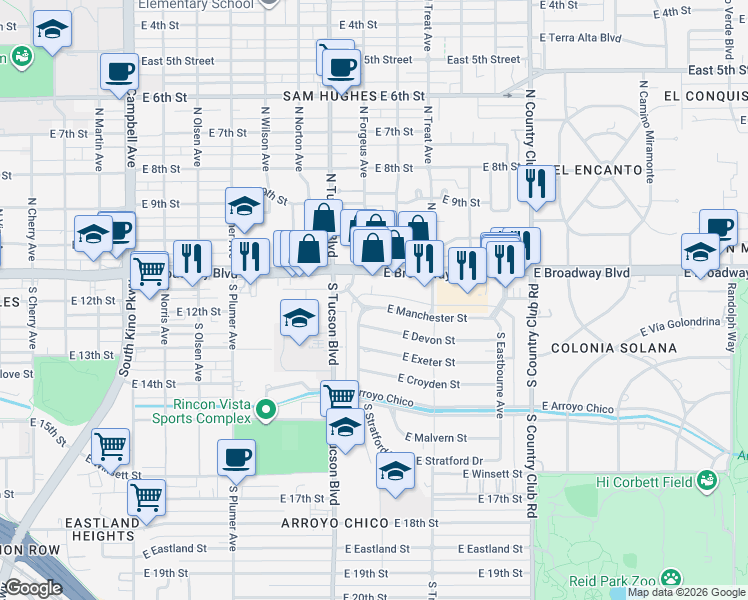 map of restaurants, bars, coffee shops, grocery stores, and more near 208 South Stratford Drive in Tucson