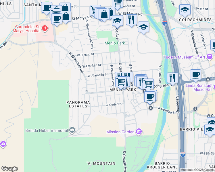 map of restaurants, bars, coffee shops, grocery stores, and more near 18 North Melrose Avenue in Tucson