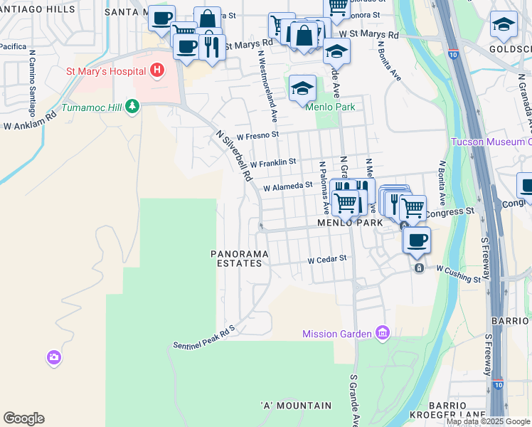 map of restaurants, bars, coffee shops, grocery stores, and more near 1349 West Pennington Street in Tucson