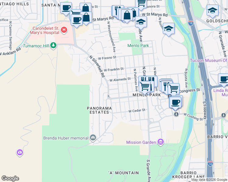 map of restaurants, bars, coffee shops, grocery stores, and more near 1331 West Pennington Street in Tucson