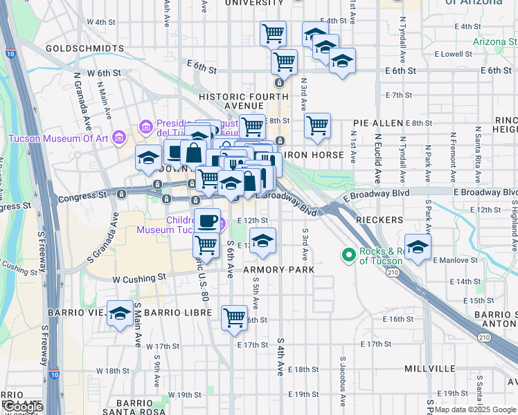 map of restaurants, bars, coffee shops, grocery stores, and more near 127 South 5th Avenue in Tucson