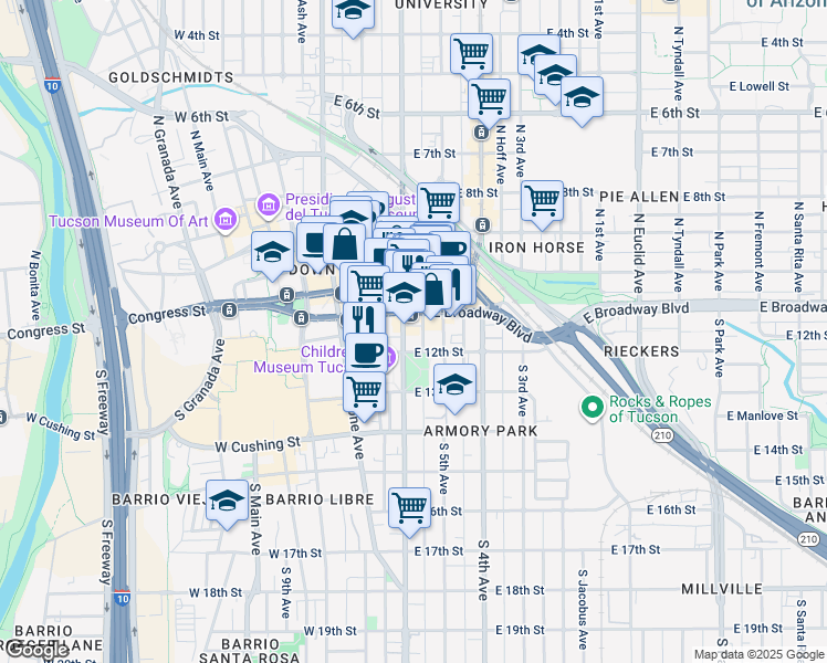 map of restaurants, bars, coffee shops, grocery stores, and more near 141s South 6th Avenue in Tucson