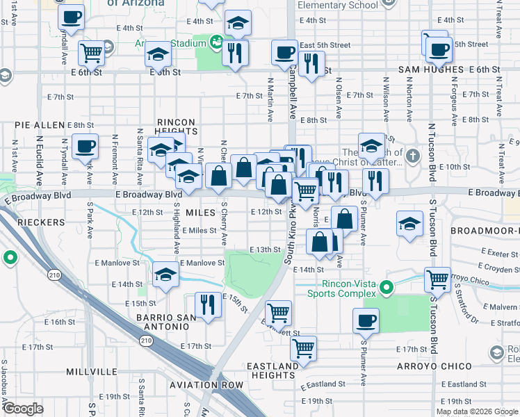 map of restaurants, bars, coffee shops, grocery stores, and more near 1727 East 12th Street in Tucson
