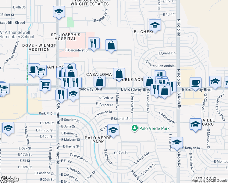 map of restaurants, bars, coffee shops, grocery stores, and more near 6666 East Broadway Boulevard in Tucson