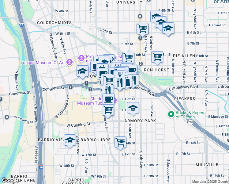 map of restaurants, bars, coffee shops, grocery stores, and more near 88 East Broadway Boulevard in Tucson