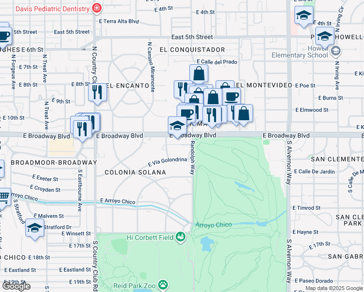 map of restaurants, bars, coffee shops, grocery stores, and more near 3455 East Vía Golondrina in Tucson