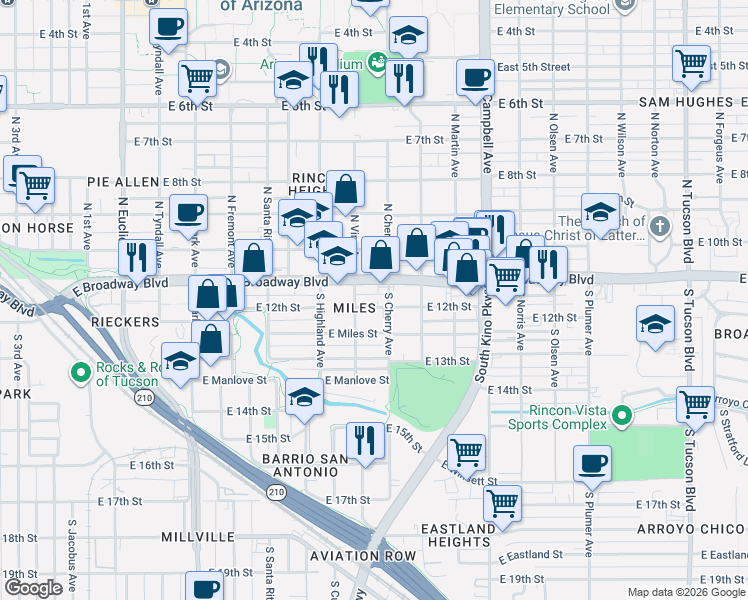 map of restaurants, bars, coffee shops, grocery stores, and more near 1515 East Miles Street in Tucson