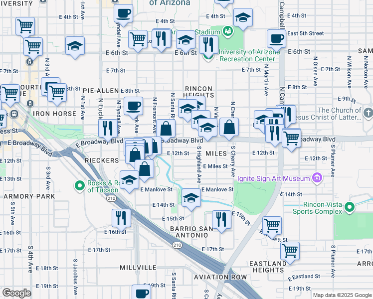 map of restaurants, bars, coffee shops, grocery stores, and more near 1302 East 12th Street in Tucson