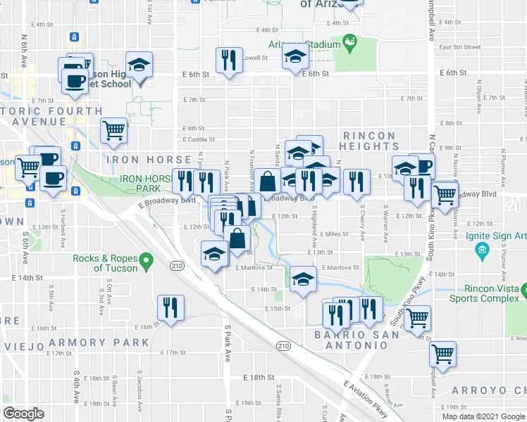 map of restaurants, bars, coffee shops, grocery stores, and more near 1202 East 12th Street in Tucson