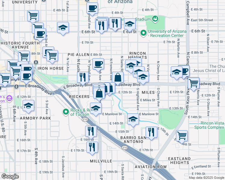 map of restaurants, bars, coffee shops, grocery stores, and more near 1084 East 12th Street in Tucson