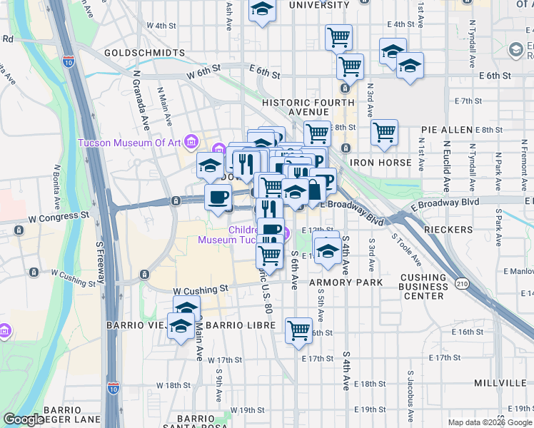 map of restaurants, bars, coffee shops, grocery stores, and more near 150 South Scott Avenue in Tucson