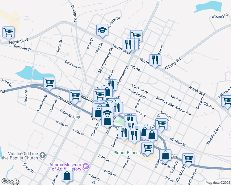 map of restaurants, bars, coffee shops, grocery stores, and more near 108 McIntosh Street in Vidalia