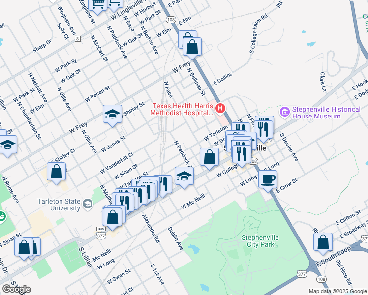 map of restaurants, bars, coffee shops, grocery stores, and more near 663 West Tarleton Street in Stephenville