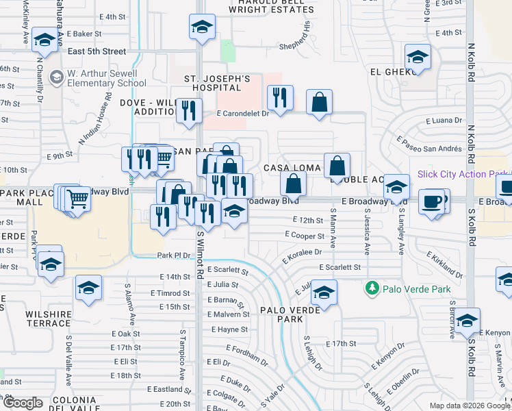 map of restaurants, bars, coffee shops, grocery stores, and more near 6510 East Broadway Boulevard in Tucson